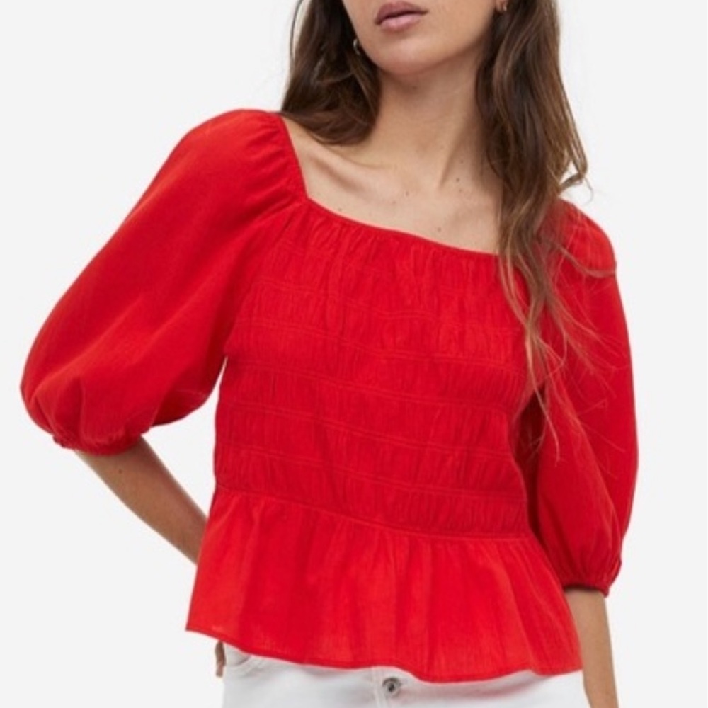 H&M Red Peplum Puff-Sleeve Blouse